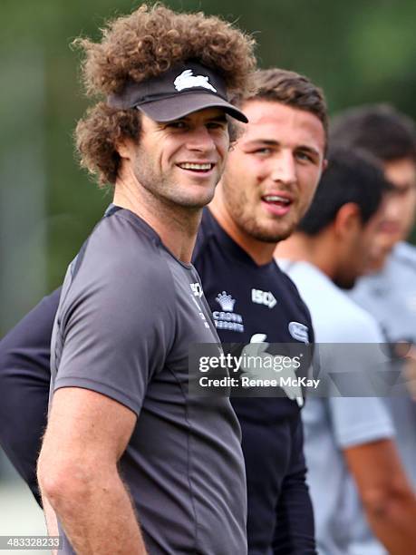 Matt King and Sam Burgess arrive for a South Sydney Rabbitohs NRL training session at Redfern Oval on April 8, 2014 in Sydney, Australia.