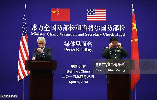 Secretary of Defense Chuck Hagel and Chinese Minister of Defense Chang Wanquan participate in a joint news conference at the Chinese Defense Ministry...