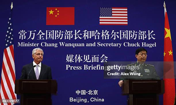 Secretary of Defense Chuck Hagel and Chinese Minister of Defense Chang Wanquan participate in a joint news conference at the Chinese Defense Ministry...