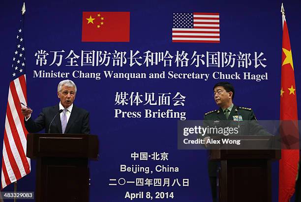 Secretary of Defense Chuck Hagel and Chinese Minister of Defense Chang Wanquan participate in a joint news conference at the Chinese Defense Ministry...