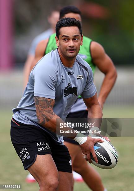 John Sutton in action during a South Sydney Rabbitohs NRL training session at Redfern Oval on April 8, 2014 in Sydney, Australia.