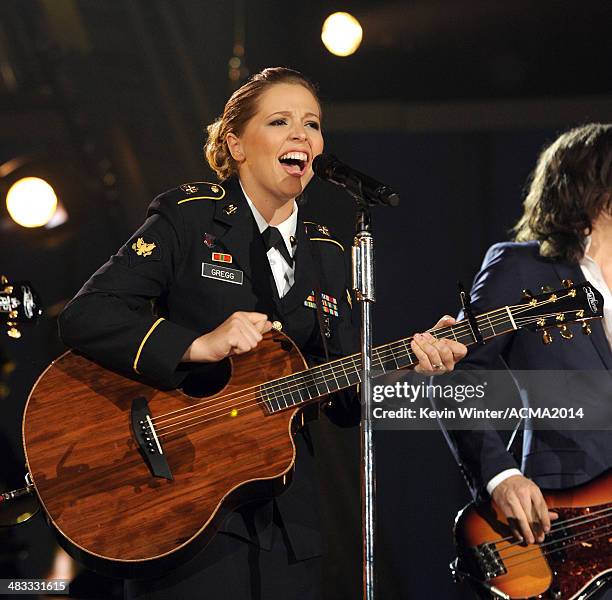 Army Spc. Kelly Gregg performs onstage during ACM Presents: An All-Star Salute To The Troops at the MGM Grand Garden Arena on April 7, 2014 in Las...