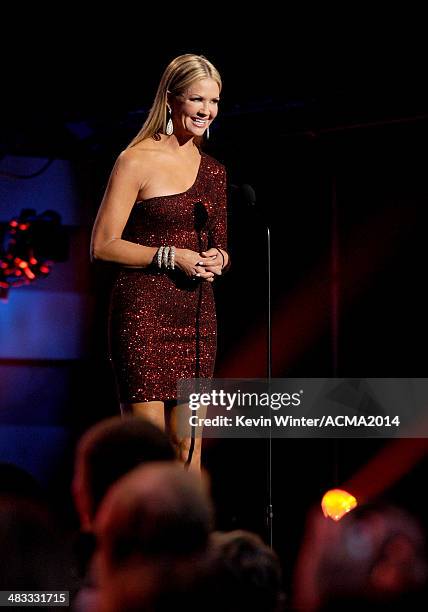 Personality Nancy O'Dell speaks onstage during ACM Presents: An All-Star Salute To The Troops at the MGM Grand Garden Arena on April 7, 2014 in Las...