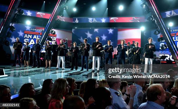 General view of troops onstage during ACM Presents: An All-Star Salute To The Troops at the MGM Grand Garden Arena on April 7, 2014 in Las Vegas,...