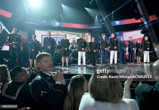 General view of troops onstage during ACM Presents: An All-Star Salute To The Troops at the MGM Grand Garden Arena on April 7, 2014 in Las Vegas,...