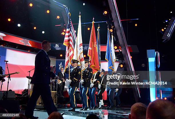Color Guard marches onstage during ACM Presents: An All-Star Salute To The Troops at the MGM Grand Garden Arena on April 7, 2014 in Las Vegas, Nevada.