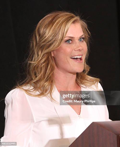 Alison Sweeney speaks during Stand Up To Cancer Press Conference at The AACR annual meeting at San Diego Marriott Hotel & Marina on April 7, 2014 in...