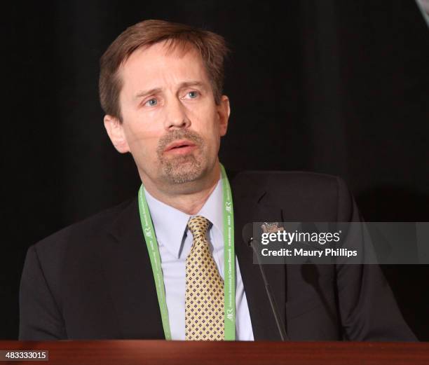 David A. Tuveson speaks during Stand Up To Cancer Press Conference at The AACR annual meeting at San Diego Marriott Hotel & Marina on April 7, 2014...