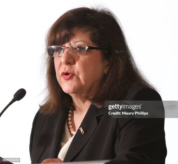 Margaret Foti speaks during Stand Up To Cancer Press Conference at The AACR annual meeting at San Diego Marriott Hotel & Marina on April 7, 2014 in...