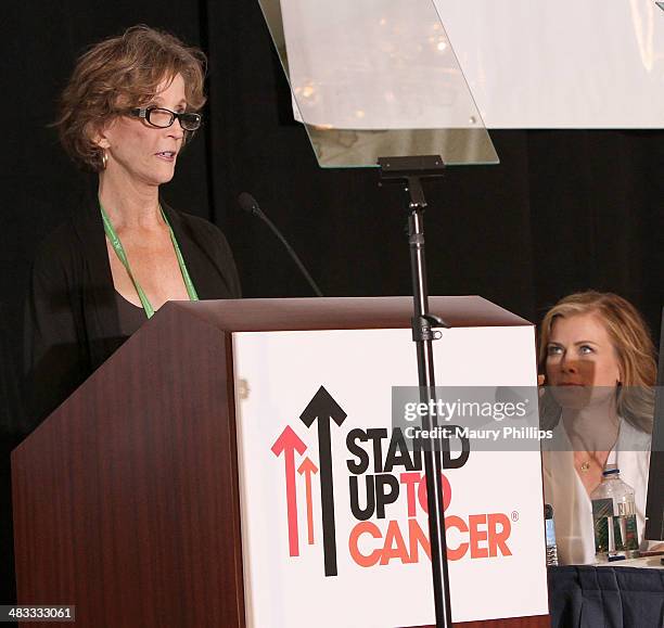 Mary Jo Murphy speaks during Stand Up To Cancer Press Conference at The AACR annual meeting at San Diego Marriott Hotel & Marina on April 7, 2014 in...