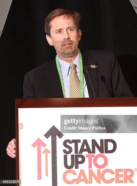 David A. Tuveson speaks during Stand Up To Cancer Press Conference at The AACR annual meeting at San Diego Marriott Hotel & Marina on April 7, 2014...