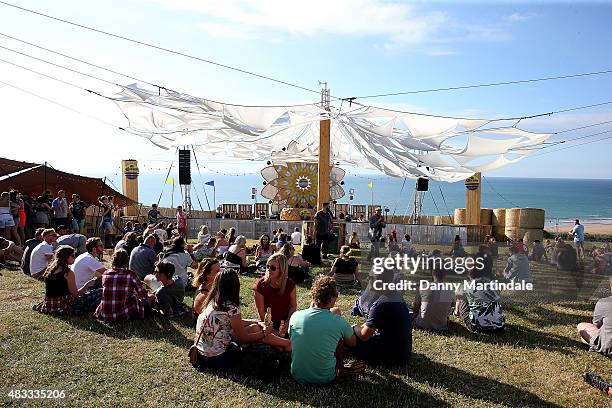 General view of festival goers watching Tristan Da Cunha on the Corona Sunsets Stage at Boardmasters Festival on August 7, 2015 in Newquay, England.