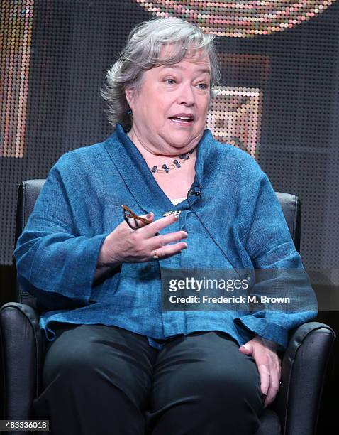 Actress Kathy Bates speaks onstage during the 'AHS: Hotel' panel discussion at the FX portion of the 2015 Summer TCA Tour at The Beverly Hilton Hotel...