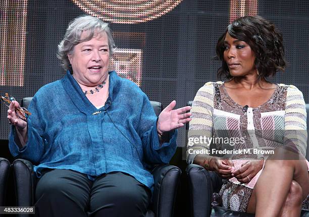 Actresses Kathy Bates and Angela Bassett speak onstage during the 'AHS: Hotel' panel discussion at the FX portion of the 2015 Summer TCA Tour at The...