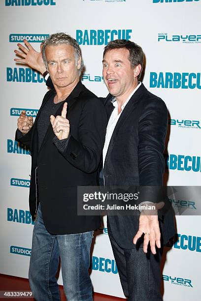 Actors Franck Dubosc and Guillaume de Tonquedec attend the 'Barbecue' Premiere at Cinema Gaumont Capucine on April 7, 2014 in Paris, France.