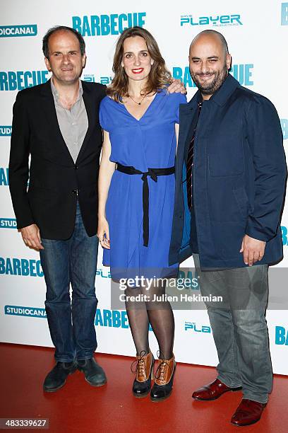 Actors Lionel Abelanski, Valerie Crouzet and Jerome Commandeur attend the 'Barbecue' Premiere at Cinema Gaumont Capucine on April 7, 2014 in Paris,...