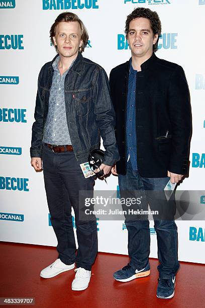 Humorist and actors Alex Lutz and Bruno Sanches attend the 'Barbecue' Premiere at Cinema Gaumont Capucine on April 7, 2014 in Paris, France.