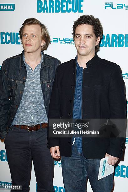 Humorist and actors Alex Lutz and Bruno Sanches attend the 'Barbecue' Premiere at Cinema Gaumont Capucine on April 7, 2014 in Paris, France.