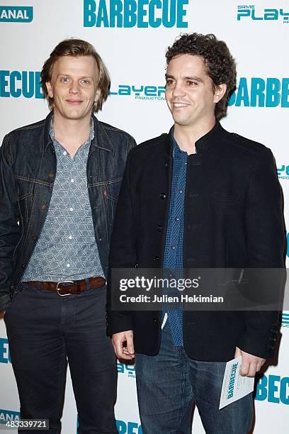 Humorist and actors Alex Lutz and Bruno Sanches attend the 'Barbecue' Premiere at Cinema Gaumont Capucine on April 7, 2014 in Paris, France.