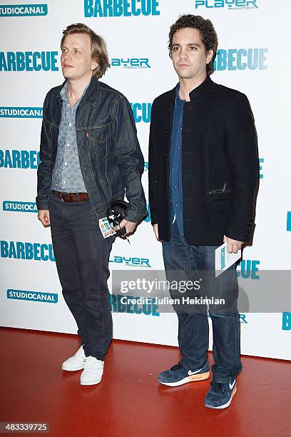 Humorist and actors Alex Lutz and Bruno Sanches attend the 'Barbecue' Premiere at Cinema Gaumont Capucine on April 7, 2014 in Paris, France.