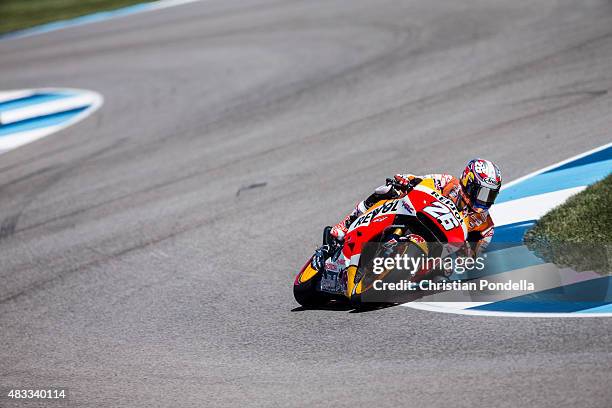 Dani Pedrosa of Spain and Repsol Honda Team rides during the MotoGP Free Practice 2 at Indianapolis Motor Speedway on August 7, 2015 in Indianapolis,...