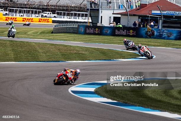 Dani Pedrosa of Spain and Repsol Honda Team rides during the MotoGP Free Practice 2 at Indianapolis Motor Speedway on August 7, 2015 in Indianapolis,...