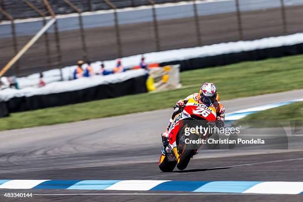 Dani Pedrosa of Spain and Repsol Honda Team rides during the MotoGP Free Practice 2 at Indianapolis Motor Speedway on August 7, 2015 in Indianapolis,...