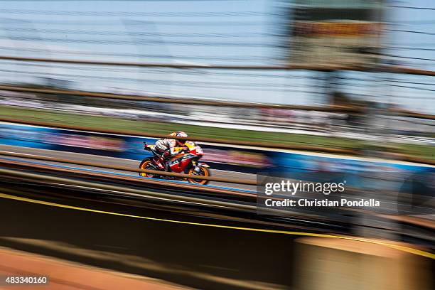 Marc Marquez of Spain and Repsol Honda Team rides during the MotoGP Free Practice 2 at Indianapolis Motor Speedway on August 7, 2015 in Indianapolis,...