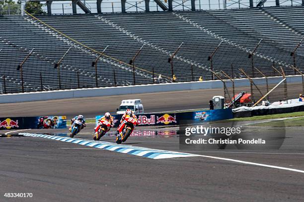 Marc Marquez of Spain and Repsol Honda Team rides during the MotoGP Free Practice 2 at Indianapolis Motor Speedway on August 7, 2015 in Indianapolis,...