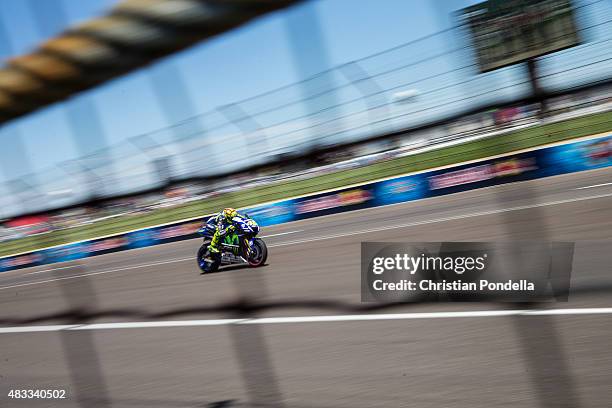 Valentino Rossi of Italy and Movistar Yamaha MotoGP Team rides during the MotoGP Free Practice 2 at Indianapolis Motor Speedway on August 7, 2015 in...