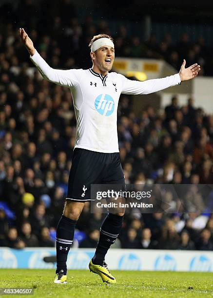 Harry Kane of Tottenham Hotspur reacts during the Barclays Premier League match between Tottenham Hotspur and Sunderland at White Hart Lane on April...