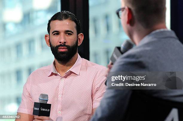 Jose Bautista speaks with moderator Brian Fitzsimmons during AOL BUILD Speaker Series Presents:Toronto Blue Jays All-Star Player Jose Bautista at AOL...