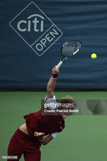 Alexander Zverev of Germany serves a shot to Marin Cilic of Croatia during the Citi Open at Rock Creek Park Tennis Center on August 7, 2015 in...