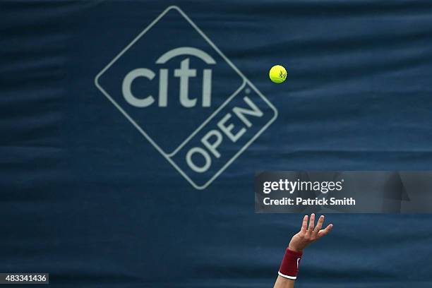 Alexander Zverev of Germany serves a shot to Marin Cilic of Croatia during the Citi Open at Rock Creek Park Tennis Center on August 7, 2015 in...