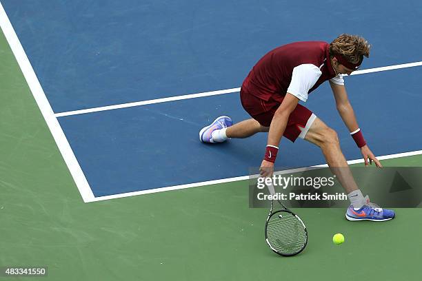 Alexander Zverev of Germany misses a shot from Marin Cilic of Croatia during the Citi Open at Rock Creek Park Tennis Center on August 7, 2015 in...
