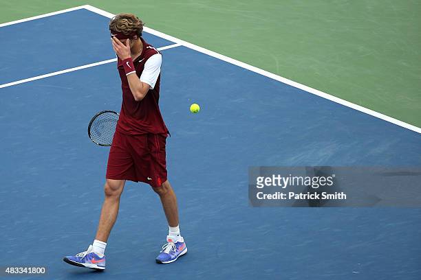 Alexander Zverev of Germany reacts after losing to Marin Cilic of Croatia during the Citi Open at Rock Creek Park Tennis Center on August 7, 2015 in...