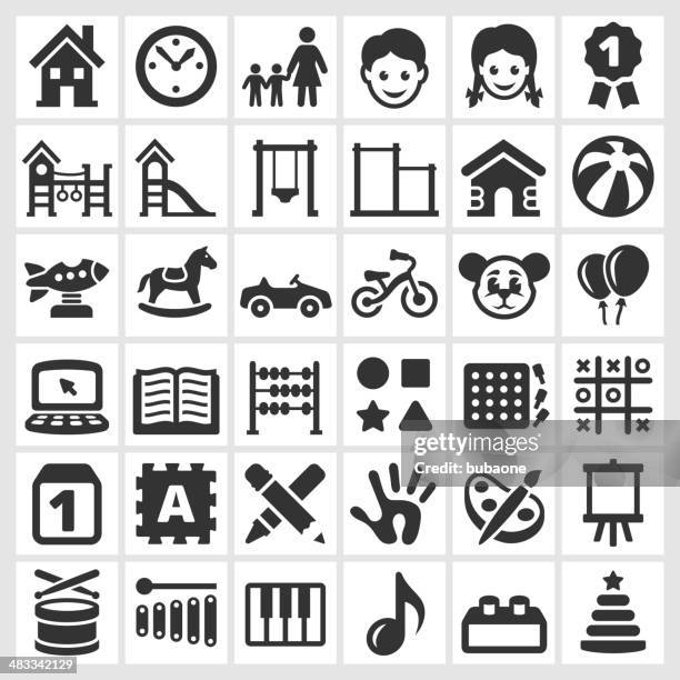 ilustraciones, imágenes clip art, dibujos animados e iconos de stock de de cuidados diurnos para blanco y negro sin royalties de vector conjunto de iconos de interfaz - escuela preescolar