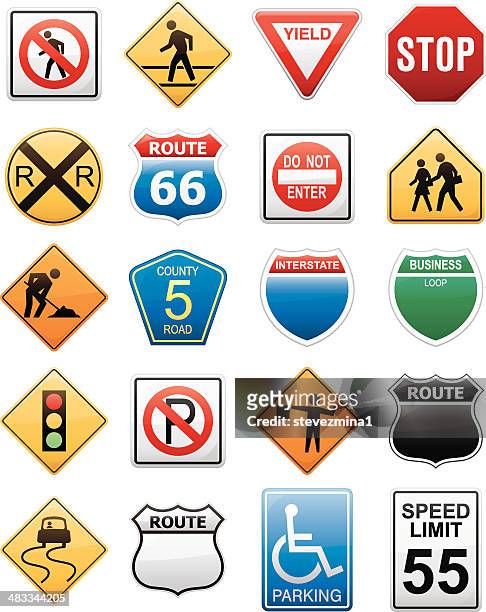 american interstate road sign vector illustration collection - two lanes to one stock illustrations