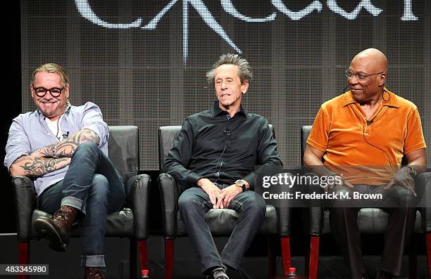 Writer/creator Kurt Sutter, executive producer Brian Grazer and producer/director Paris Barclay speak onstage during 'The Bastard Executioner' panel...