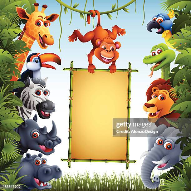 jungle animals with bamboo sign - zoo stock illustrations