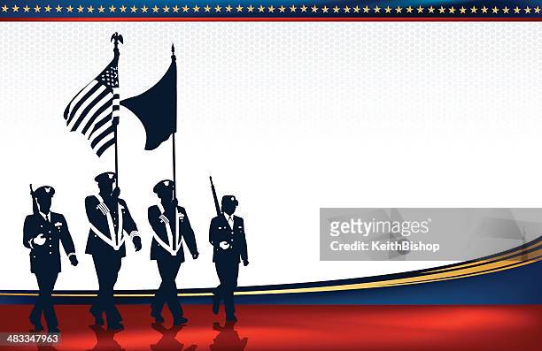 illustrations, cliparts, dessins animés et icônes de parade militaire des soldats avec drapeau américain en arrière-plan - parade militaire