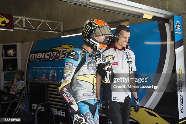 Esteve Rabat of Spain and Estrella Galicia 0,0 Marc VDS walks in box during the MotoGp Red Bull U.S. Indianapolis Grand Prix - Free Practice at...