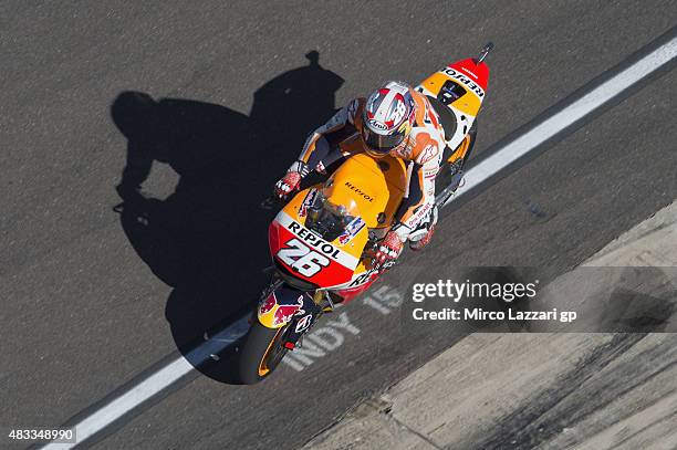 Dani Pedrosa of Spain and Repsol Honda Team heads down a straight during the MotoGp Red Bull U.S. Indianapolis Grand Prix - Free Practice at...