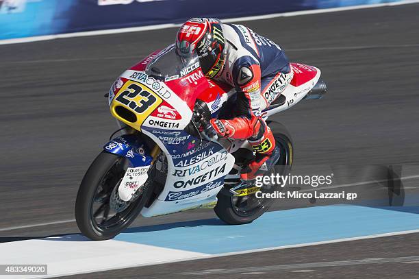 Niccolo Antonelli of Italy and Ongetta Rivacold heads down a straight during the MotoGp Red Bull U.S. Indianapolis Grand Prix - Free Practice at...