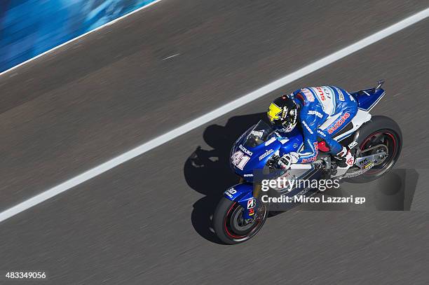 Aleix Espargaro of Spain and Team Suzuki MotoGP heads down a straight during the MotoGp Red Bull U.S. Indianapolis Grand Prix - Free Practice at...