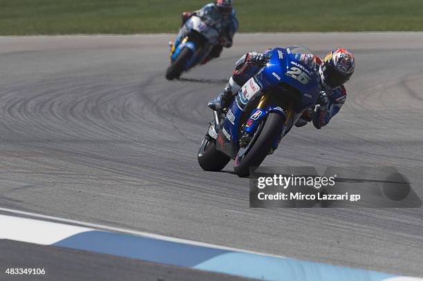 Maverick Vinales of Spain and Team Suzuki MotoGP rounds the bend during the MotoGp Red Bull U.S. Indianapolis Grand Prix - Free Practice at...