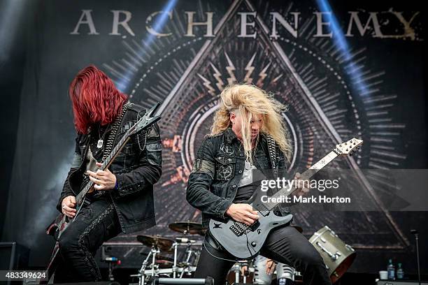 Michael Amott and Jeff Loomis of Arch Enemy perform on Day 1 of the Heavy Montreal Festival at Parc Jean-Drapeau on August 7, 2015 in Montreal,...