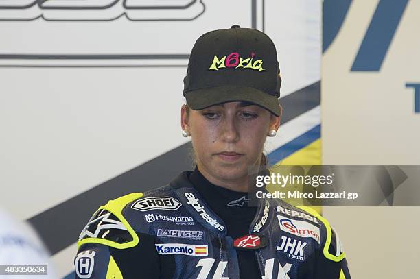 Maria Herrera of Spain and Husquarna Factory Laglisse looks on in box during the MotoGp Red Bull U.S. Indianapolis Grand Prix - Free Practice at...