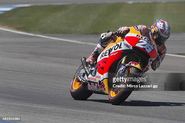 Dani Pedrosa of Spain and Repsol Honda Team rounds the bend during the MotoGp Red Bull U.S. Indianapolis Grand Prix - Free Practice at Indianapolis...