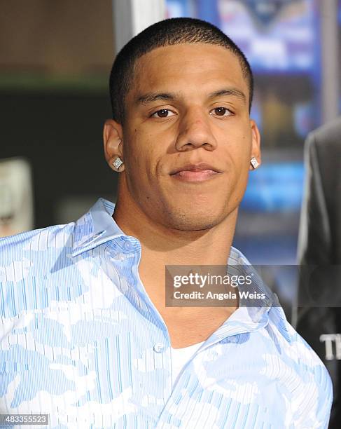 Player Taylor Mays attends the premiere of Summit Entertainment's 'Draft Day' presented by Bud Light at the Regency Bruin Theatre on April 7, 2014 in...